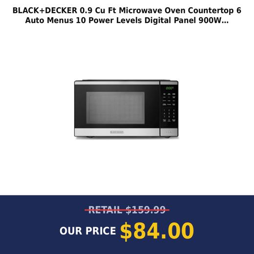 BLACK+DECKER 0.9 Cu Ft Microwave Oven Countertop 6 Auto Menus 10 Power Levels Digital Panel 900W