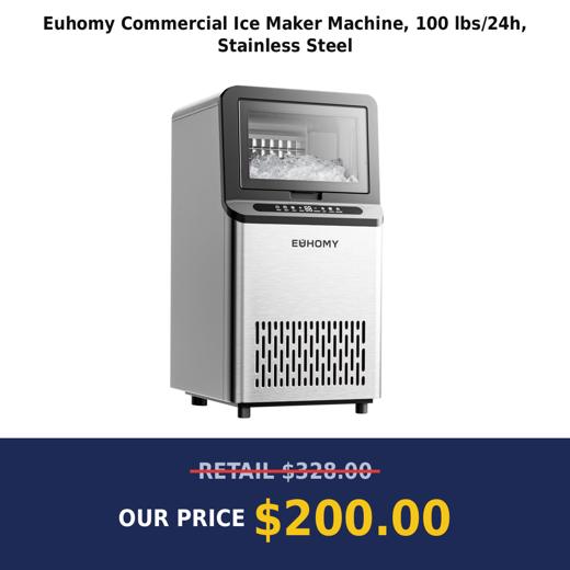 Euhomy Commercial Ice Maker Machine, 100 lbs/24h, Stainless Steel