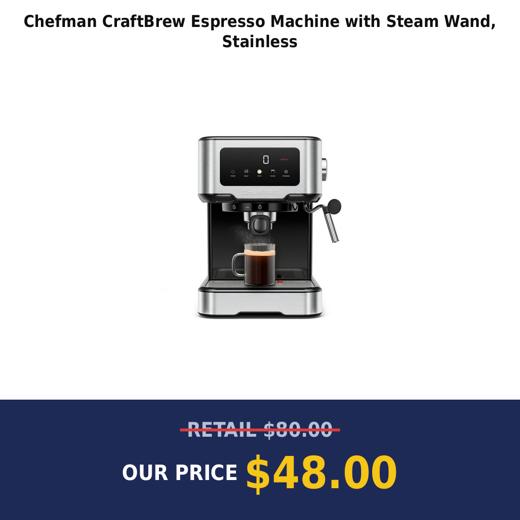 Chefman CraftBrew Espresso Machine with Steam Wand, Stainless