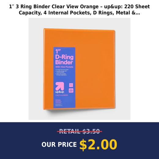 1″ 3 Ring Binder Clear View Orange – up&up: 220 Sheet Capacity, 4 Internal Pockets, D Rings, Metal & Polypropylene