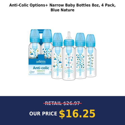 Anti-Colic Options+ Narrow Baby Bottles 8oz, 4 Pack, Blue Nature