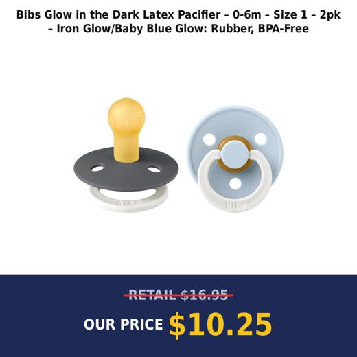 Bibs Glow in the Dark Latex Pacifier – 0-6m – Size 1 – 2pk – Iron Glow/Baby Blue Glow: Rubber, BPA-Free