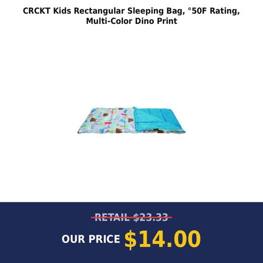 CRCKT Kids Rectangular Sleeping Bag, °50F Rating, Multi-Color Dino Print