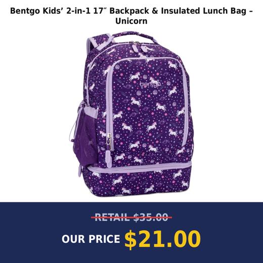 Bentgo Kids’ 2-in-1 17″ Backpack & Insulated Lunch Bag – Unicorn