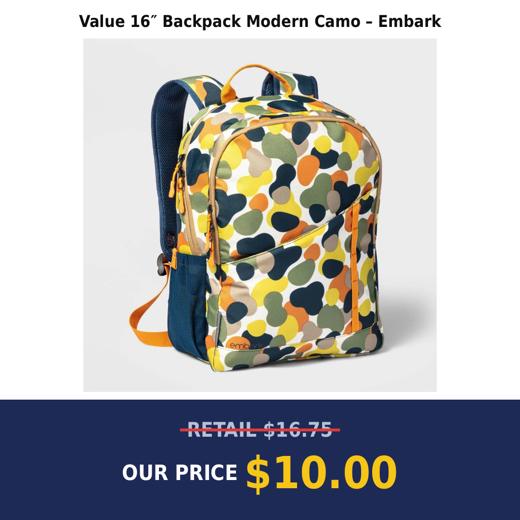Value 16″ Backpack Modern Camo – Embark