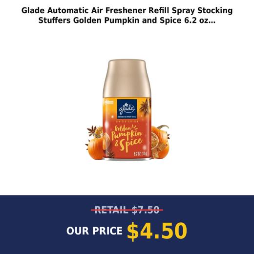Glade Automatic Air Freshener Refill Spray  Stocking Stuffers  Golden Pumpkin and Spice  6.2 oz