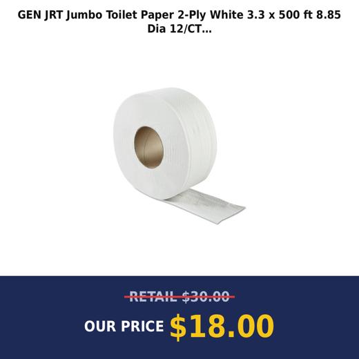 GEN JRT Jumbo Toilet Paper  2-Ply  White  3.3  x 500 ft  8.85 Dia  12/CT