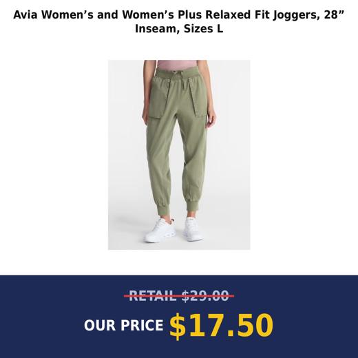 Avia Women’s and Women’s Plus Relaxed Fit Joggers, 28” Inseam, Sizes L