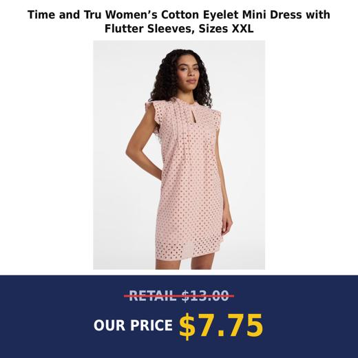 Time and Tru Women’s Cotton Eyelet Mini Dress with Flutter Sleeves, Sizes XXL