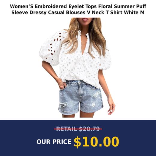 Women’S Embroidered Eyelet Tops Floral Summer Puff Sleeve Dressy Casual Blouses V Neck T Shirt White M