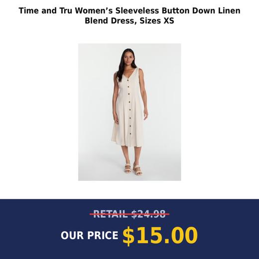Time and Tru Women’s Sleeveless Button Down Linen Blend Dress, Sizes XS
