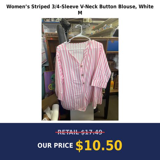 Women’s Striped 3/4-Sleeve V-Neck Button Blouse, White M