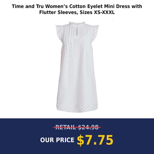 Time and Tru Women’s Cotton Eyelet Mini Dress with Flutter Sleeves, Sizes XS-XXXL