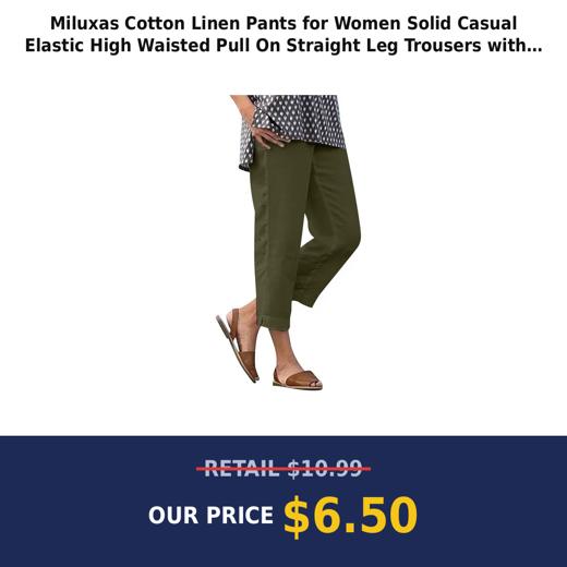 Miluxas Cotton Linen Pants for Women Solid Casual Elastic High Waisted Pull On Straight Leg Trousers with Pockets Army G