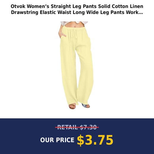 Otvok Women’s Straight Leg Pants Solid Cotton Linen Drawstring Elastic Waist Long Wide Leg Pants Work Pants Wide Leg Pan