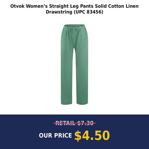 Otvok Women’s Straight Leg Pants Solid Cotton Linen Drawstring (UPC 83456)