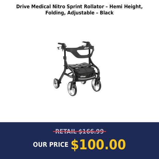 Drive Medical Nitro Sprint Rollator – Hemi Height, Folding, Adjustable – Black