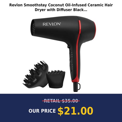 Revlon Smoothstay Coconut Oil-Infused Ceramic Hair Dryer with Diffuser Black