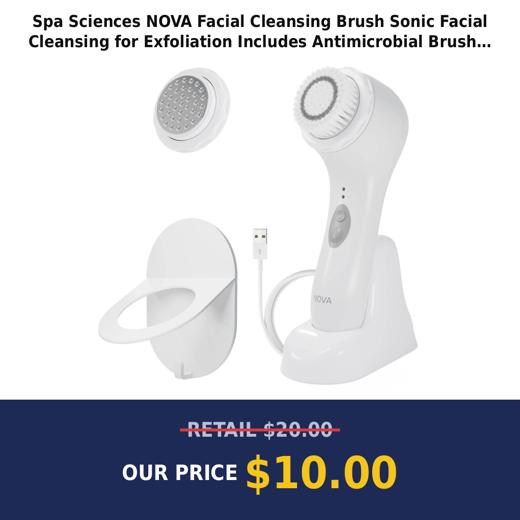 Spa Sciences NOVA Facial Cleansing Brush Sonic Facial Cleansing for Exfoliation Includes Antimicrobial Brush Sensitive Skin Brush and Serum Infuser White