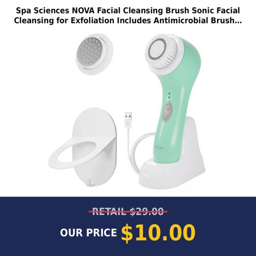 Spa Sciences NOVA Facial Cleansing Brush Sonic Facial Cleansing for Exfoliation Includes Antimicrobial Brush Sensitive Skin Brush and Serum Infuser Mint
