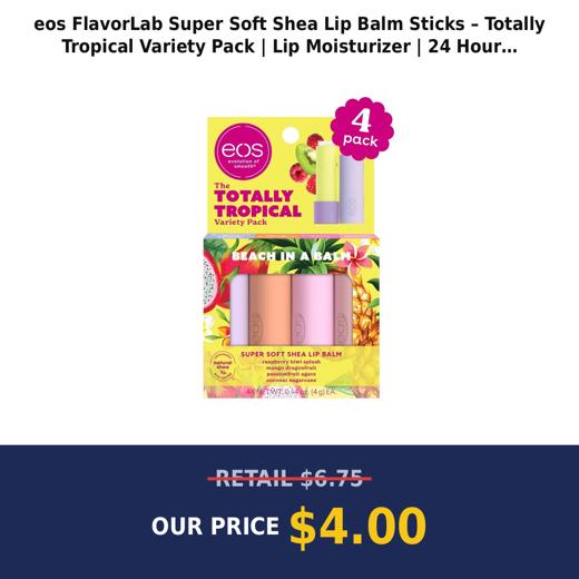 eos FlavorLab Super Soft Shea Lip Balm Sticks – Totally Tropical Variety Pack | Lip Moisturizer | 24 Hour Hydration | Gluten Free Lip Care| 4 Pack,Dragonfruit (B09V37JRYL)