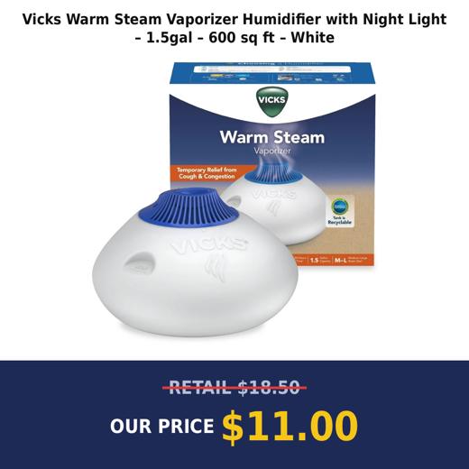 Vicks Warm Steam Vaporizer Humidifier with Night Light – 1.5gal – 600 sq ft – White