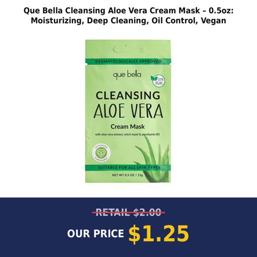 Que Bella Cleansing Aloe Vera Cream Mask – 0.5oz: Moisturizing, Deep Cleaning, Oil Control, Vegan