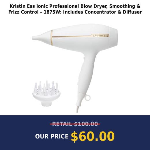 Kristin Ess Ionic Professional Blow Dryer, Smoothing & Frizz Control – 1875W: Includes Concentrator & Diffuser