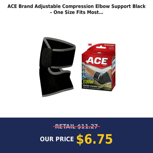 ACE Brand Adjustable Compression Elbow Support  Black – One Size Fits Most