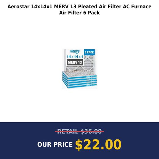 Aerostar 14x14x1 MERV 13 Pleated Air Filter AC Furnace Air Filter 6 Pack