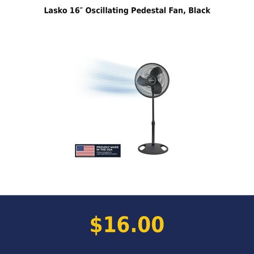 Lasko 16″ Oscillating Pedestal Fan, Black