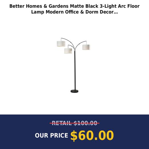 Better Homes & Gardens Matte Black 3-Light Arc Floor Lamp Modern Office & Dorm Decor