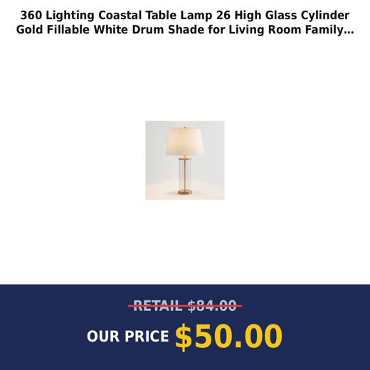 360 Lighting Coastal Table Lamp 26 High Glass Cylinder Gold Fillable White Drum Shade for Living Room Family Bedroom Bedside Nightstand