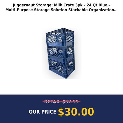 Juggernaut Storage: Milk Crate 3pk – 24 Qt Blue – Multi-Purpose Storage Solution Stackable Organization Heavy-Duty Plastic Bins Built-In Handles
