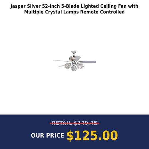 Jasper Silver 52-Inch 5-Blade Lighted Ceiling Fan with Multiple Crystal Lamps Remote Controlled