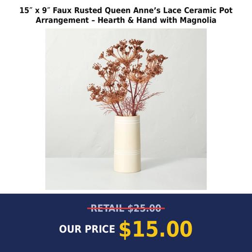 15″ x 9″ Faux Rusted Queen Anne’s Lace Ceramic Pot Arrangement – Hearth & Hand with Magnolia