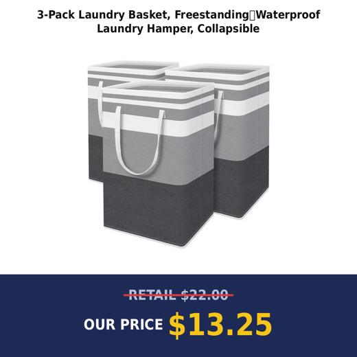 3-Pack Laundry Basket, Freestanding&Waterproof Laundry Hamper, Collapsible