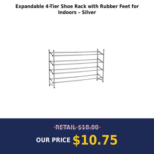 Expandable 4-Tier Shoe Rack with Rubber Feet for Indoors – Silver