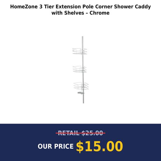 HomeZone 3 Tier Extension Pole Corner Shower Caddy with Shelves – Chrome