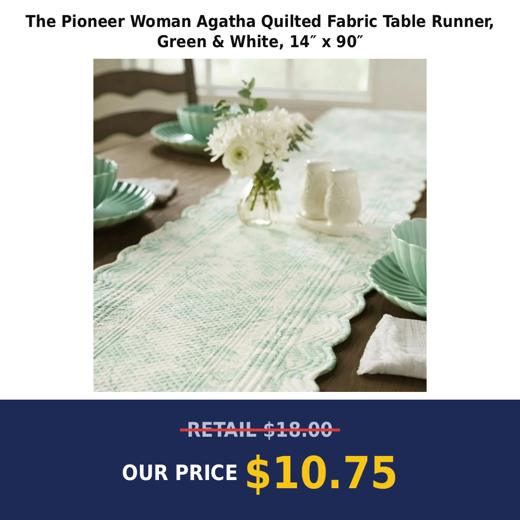 The Pioneer Woman Agatha Quilted Fabric Table Runner, Green & White, 14″ x 90″