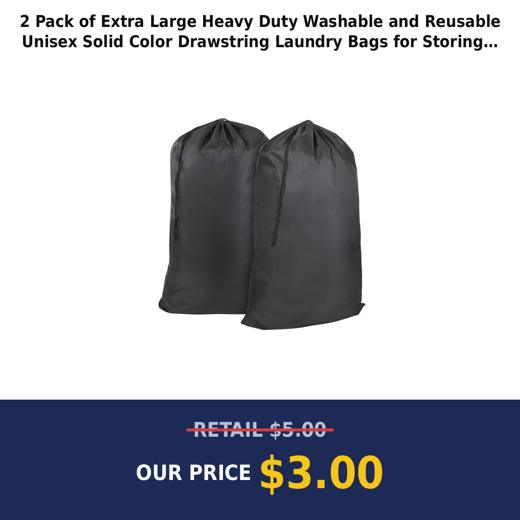2 Pack of Extra Large Heavy Duty Washable and Reusable Unisex Solid Color Drawstring Laundry Bags for Storing Dirty Clothes at Home  College Dorm  Gym and Travel in Black