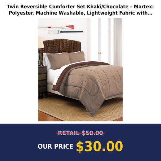Twin Reversible Comforter Set Khaki/Chocolate – Martex: Polyester, Machine Washable, Lightweight Fabric with Sham
