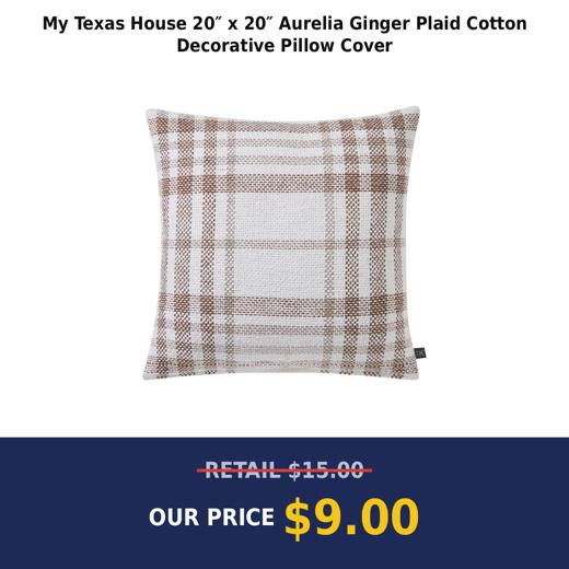My Texas House 20″ x 20″ Aurelia Ginger Plaid Cotton Decorative Pillow Cover