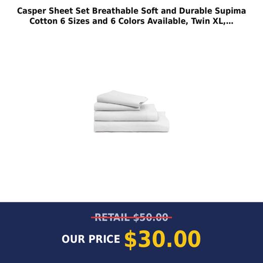 Casper Sheet Set Breathable Soft and Durable Supima Cotton 6 Sizes and 6 Colors Available, Twin XL, White/White