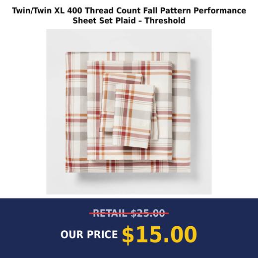 Twin/Twin XL 400 Thread Count Fall Pattern Performance Sheet Set Plaid – Threshold