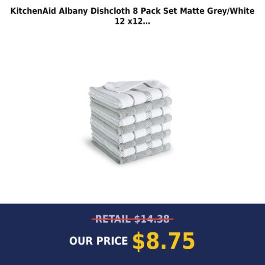 KitchenAid Albany Dishcloth 8 Pack Set  Matte Grey/White  12 x12