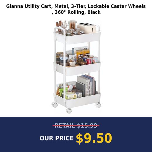 Gianna Utility Cart, Metal, 3‑Tier, Lockable Caster Wheels , 360° Rolling, Black