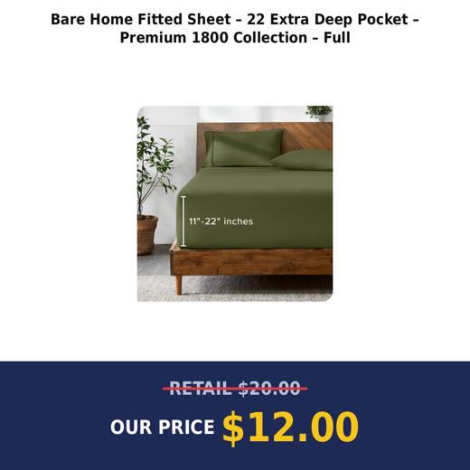 Bare Home Fitted Sheet – 22 Extra Deep Pocket – Premium 1800 Collection – Full