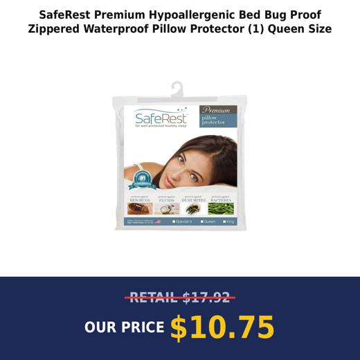 SafeRest Premium Hypoallergenic Bed Bug Proof Zippered Waterproof Pillow Protector (1) Queen Size
