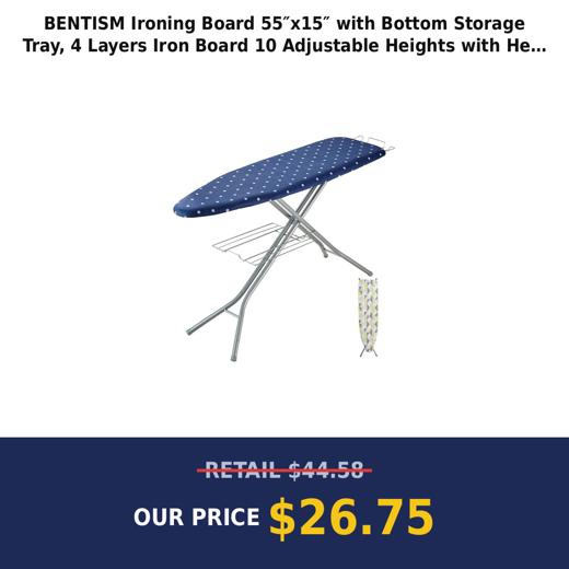 BENTISM Ironing Board 55″x15″ with Bottom Storage Tray, 4 Layers Iron Board 10 Adjustable Heights with Heat Resistant Cover and 100% Cotton Cover for Home Laundry Room